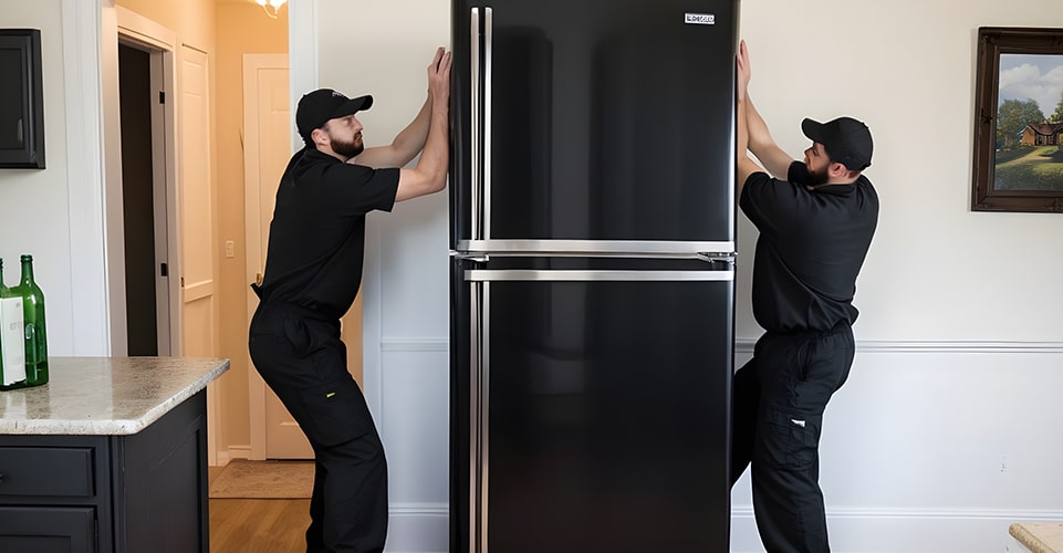 2 demenageurs habillés en noir mouvoir un frigo verticalement dans une maison