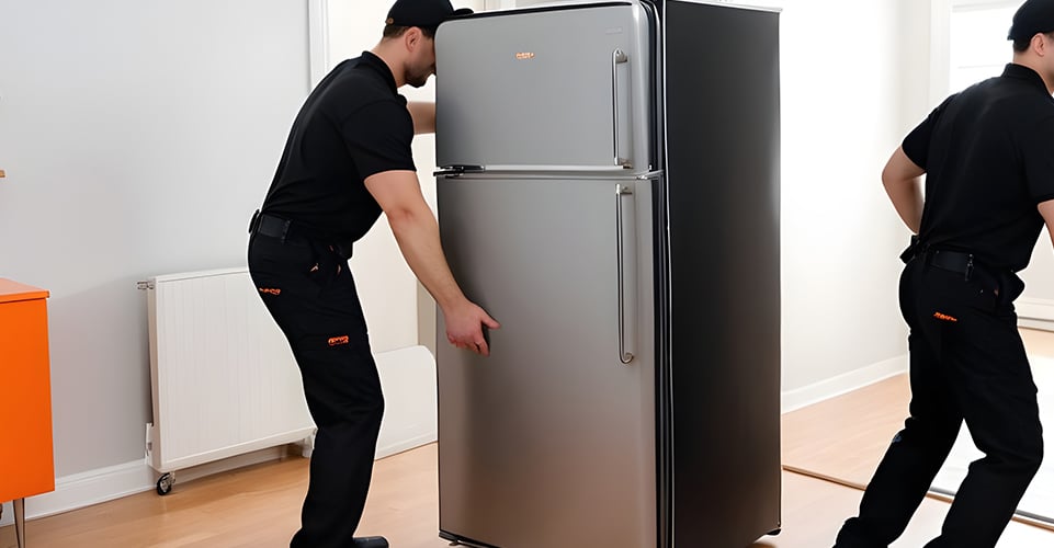 2 déménageurs vêtus de noir et d'orange déplacent un réfrigérateur argenté dans une maison